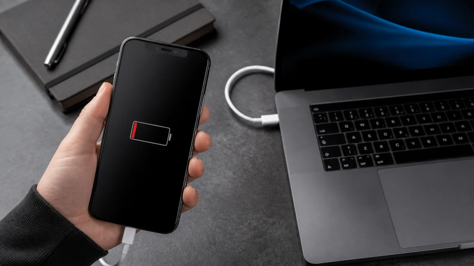 iPhone с низким зарядом аккумулятора рядом с ноутбуком